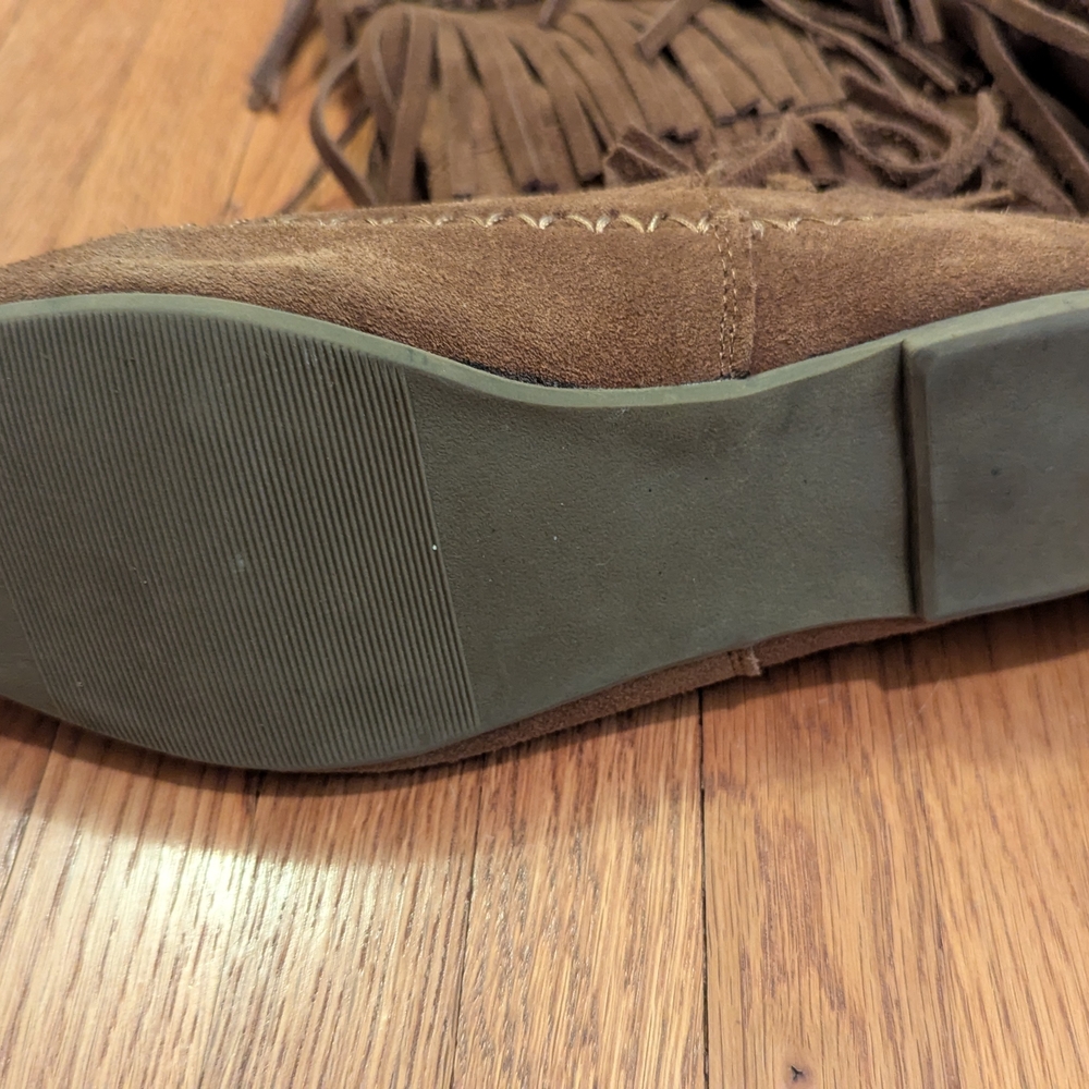 Brown Fringe Suede Moccasin Boots - Picture 2 of 7